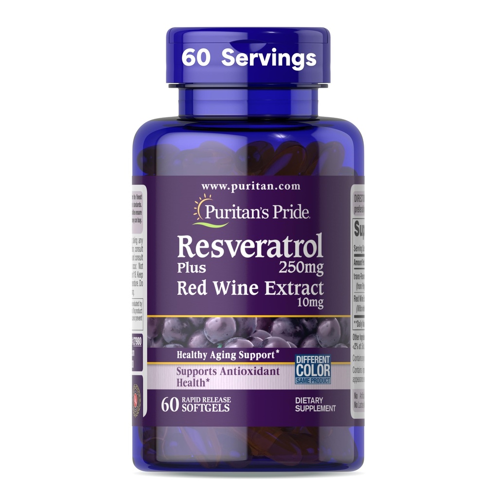 Puritans Pride Premium Resveratrol Youth GuardTM 250mg, Kosttillskott för immunsystem, antioxidant, sockermetabolism, blodflöde och vaskulärt funktionsstöd, 60 snabb frisättning Softgels