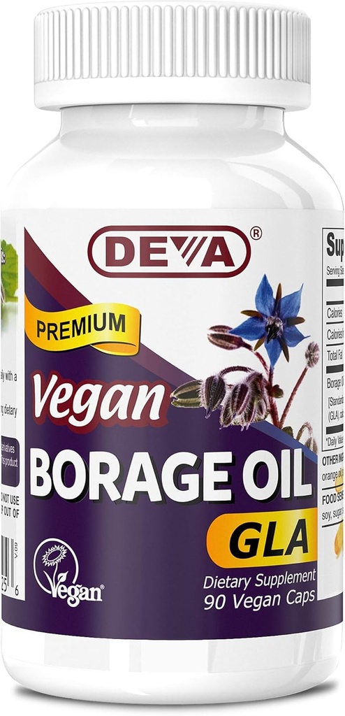 Deva Vegan Vitamins, Borage Oil 500mg, Rich Source of Omega-6 Fatty Acid GLA (Gamma linolenic Acid), Cold-Pressed & Unrefined, 90 tabletter, 1-Pack