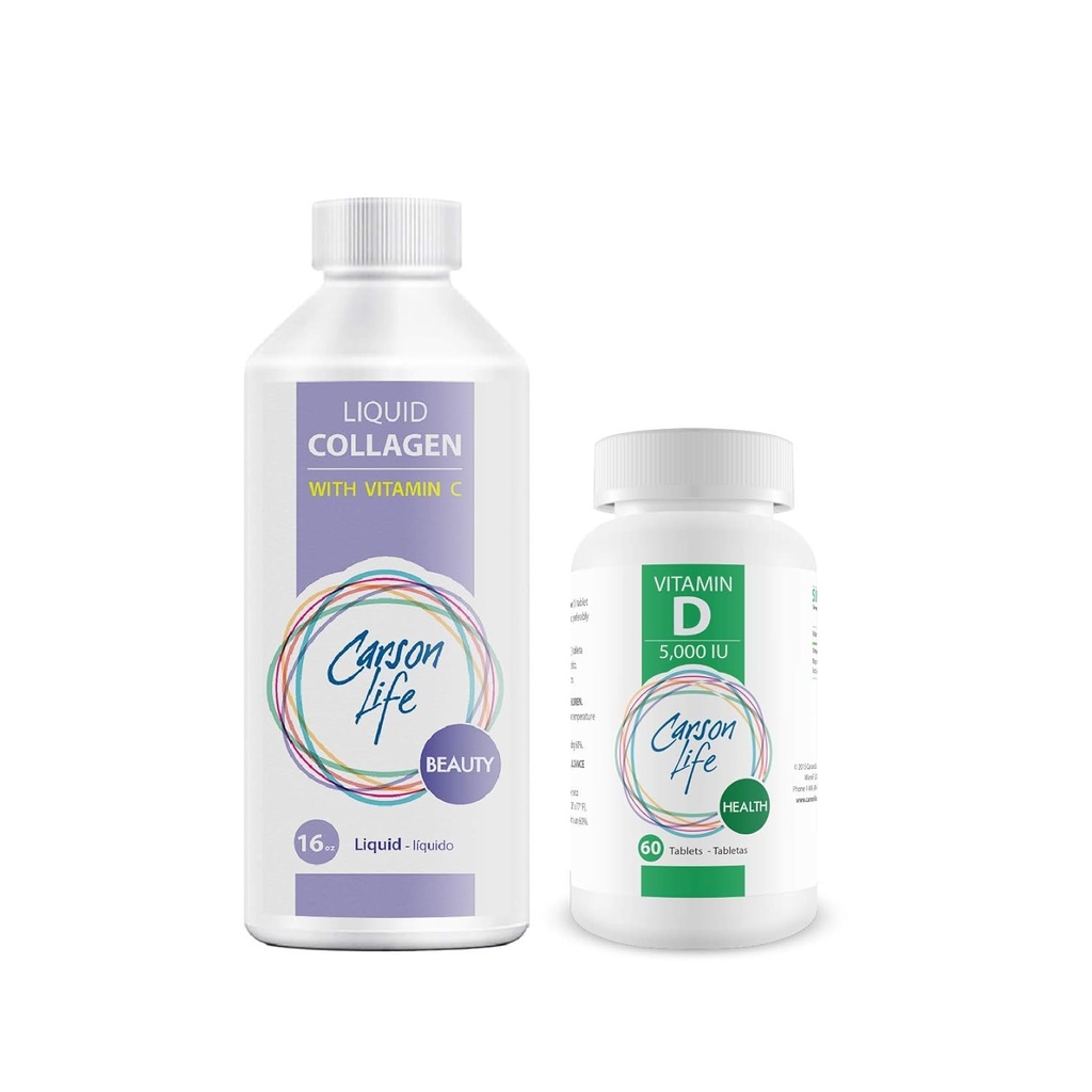 CARSON LIFE - Liquid Collagen med vitamin C 1 flaska, 16 Oz Bundle med vitamin D Supplement 1 flaska, 10 000 IE, 60 tabletter för starka muskler, ben, tänder, anti åldrande, hår hud och naglar