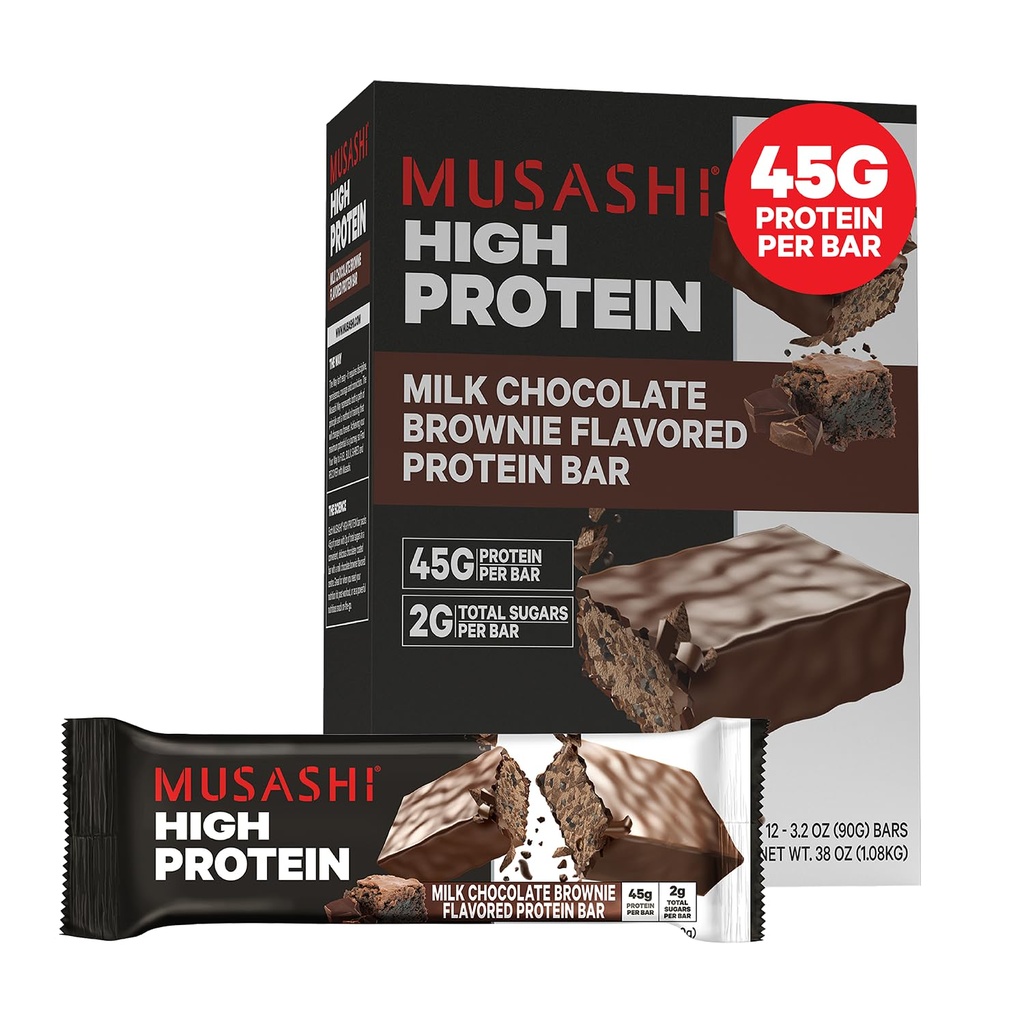 MUSASHI High Protein Bar, 45g Protein, 2g Total Sugars, Milk Chocolate Brownie, Post Workout och Protein Snack On The Go, 12 Pack av 3.2oz (90g) Bars