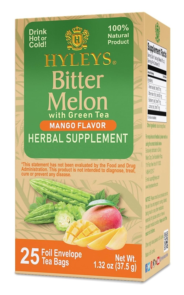 Hyleys Bitter Melon med grönt te - Mango Flavor - 25 Tea Bags - Stöder hälsosamt leverfunktion - Herbal Supplement - (6 Pack - 150 Tea Bags Total)