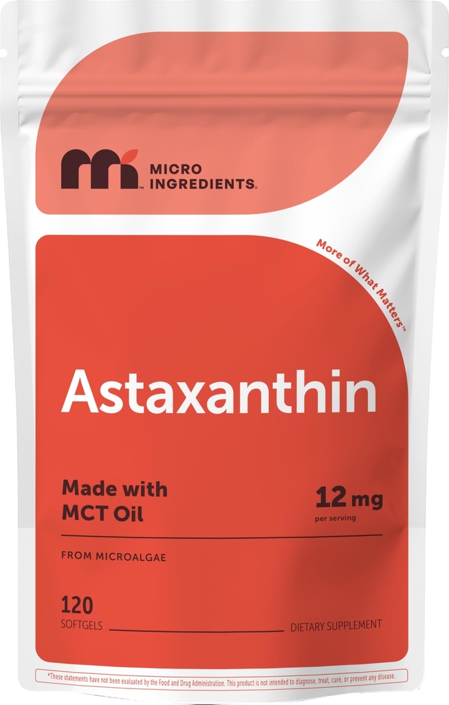 Micro Ingredients Astaxanthin 12mg med MCT Oil, 120 Softgels, 4 Month Supply | Premium Astaxanthin Antioxidant Supplements * | Fresh Microalgae Source | Triple Strength, Non-GMO, Gluten Free, No Soy