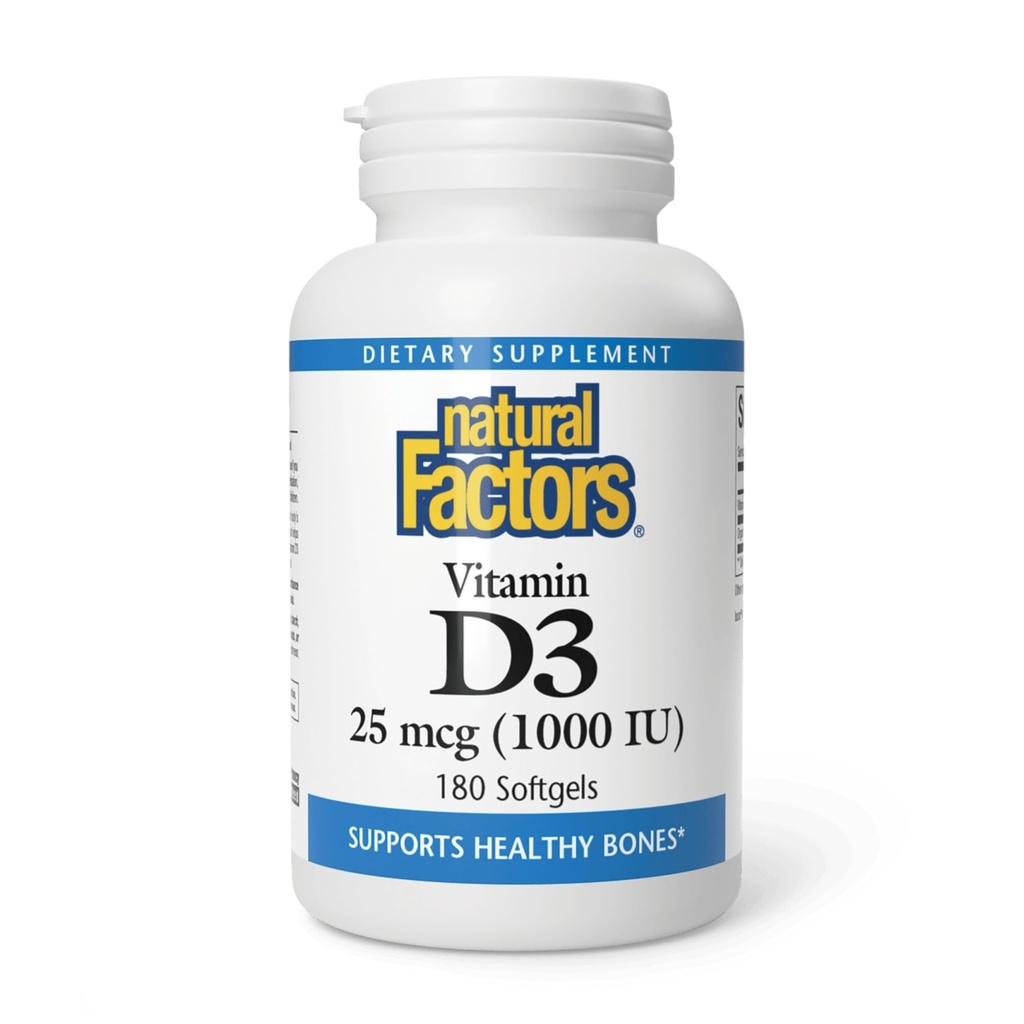 Naturliga faktorer, vitamin D3 1000 IE (25 mcg), stöder starka ben, muskler och immunfunktion, 180 tabletter