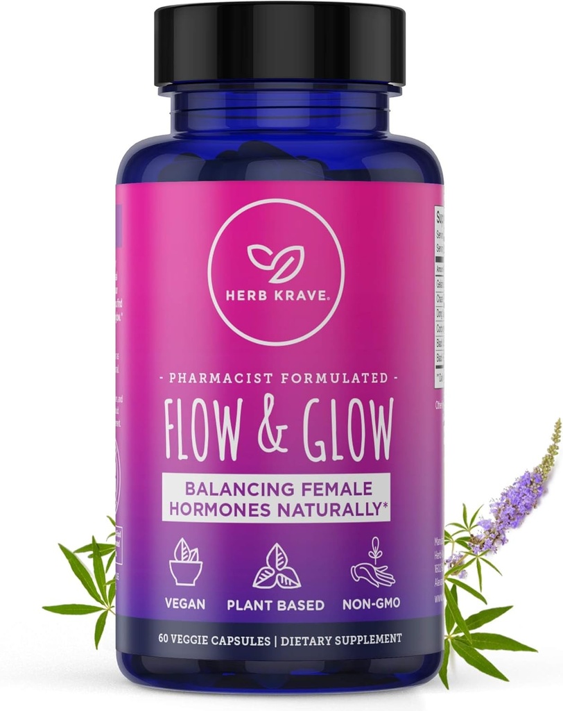 Flow and Glow Natural Hormone Balance for Women - PMS & Menopause Relief for Cramps, Mood Swings & Night Sweats med Donq Quai & Black Cohosh för klimakteriet - 60 Vegan Capsules (1 Pack)
