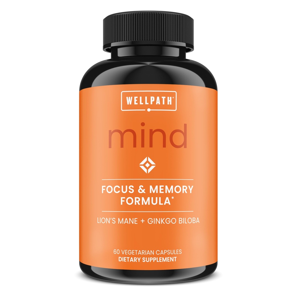 WellPath Mind Brain Supplement för minne och fokus med Lion's Mane | Ginkgo Biloba och L-Theanine för långsiktigt kognitivt stöd | Vegan, icke-GMO, 60 Ct