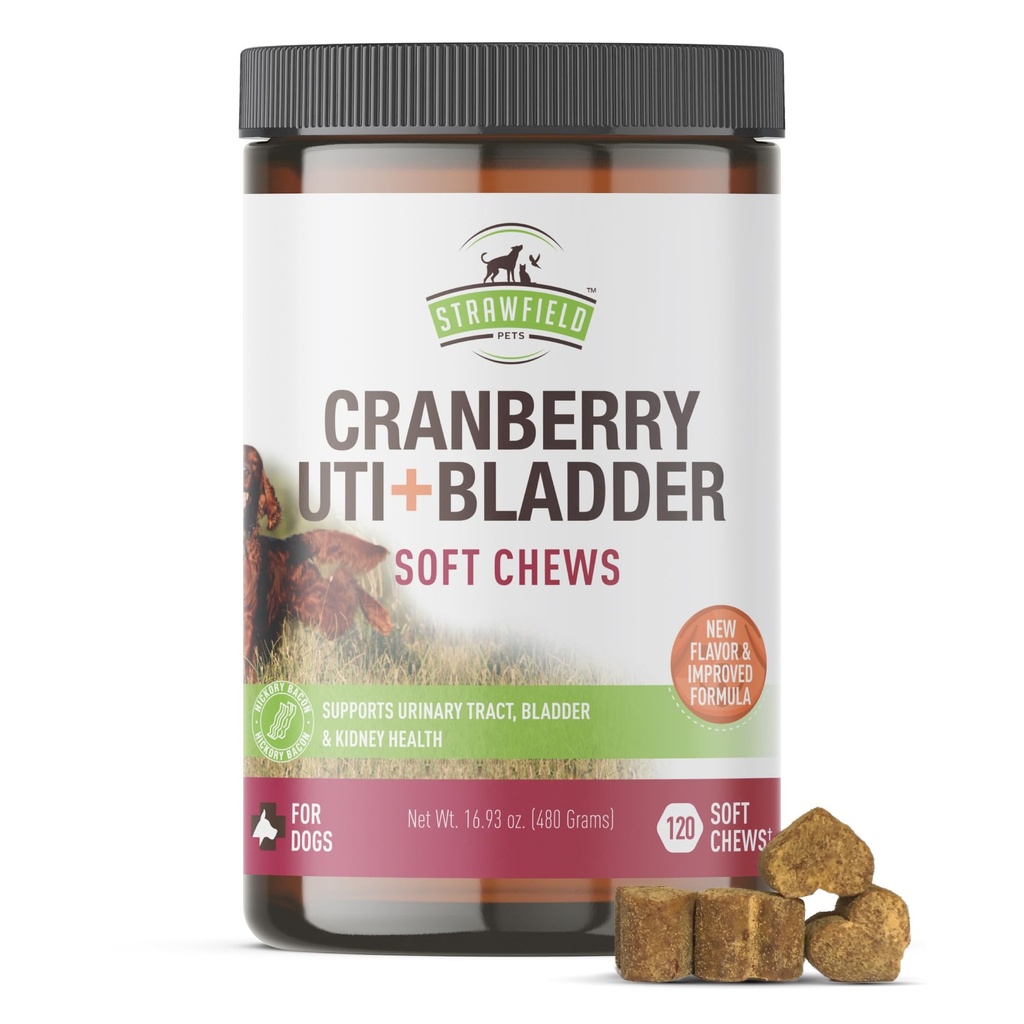 Cranberry Bladder & UTI Chews for Dogs | D-Mannose + Vitamin C för urinvägsstöd | Dog Incontinence & Bladder Control Supplement | Bacon Flavor Soft Chews | 90ct | Strawfield Pets