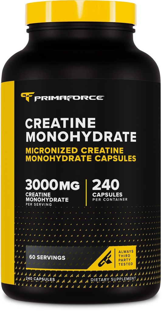 Primaforce kreatinmonohydratkapslar - 240 kapslar, 3 000 mg per servering, glutenfri och icke-GMO