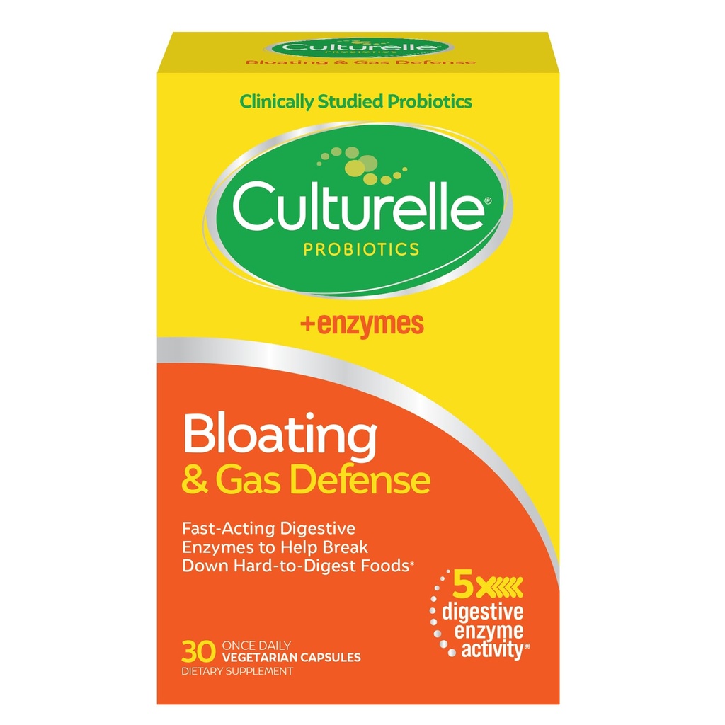 Culturelle Bloating & Gas Defense, Digestive Enzymes & Probiotika för Digestive Health, 30 kapslar, stöder yrkesindigestion och obehag