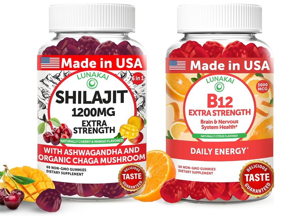 Lunakai USA Made Shilajit & B12 Extra Strength Gummies Bundle - Energi, Fokus och Daglig Wellness - Vegan & Utsökt