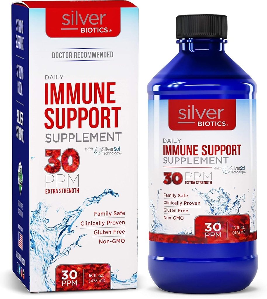 Silver Biotics 30 PPM Extra Strength Daily Immune Support Supplement med Patented Multivalent Silversol Technology | Den perfekta dagliga försvarsboosten för ditt immunsystem | 16 Fl Oz