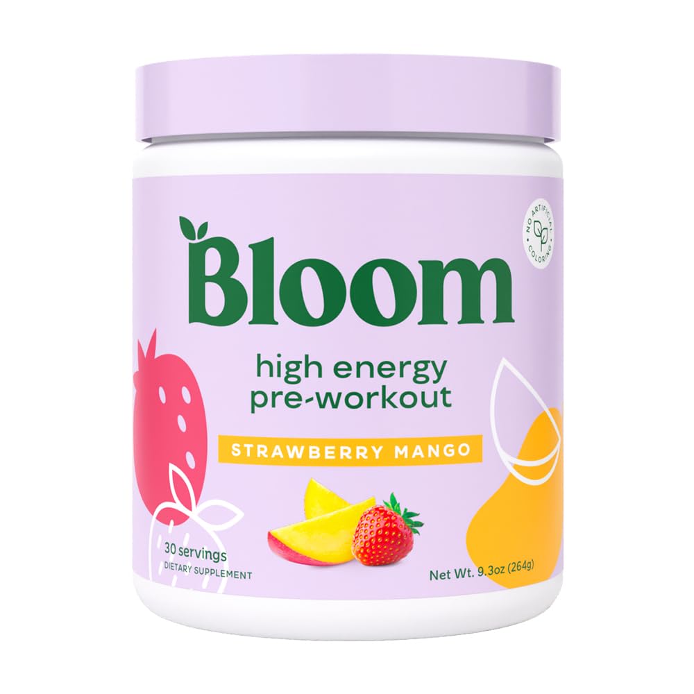 Bloom Nutrition High Energy Pre Workout med Beta Alanine, Ginseng och L Tyrosine för Amino Energy, Natural Caffeine Powder från Green Tea Extract, Keto, Sugar Free Drink Mix, Strawberry Mango