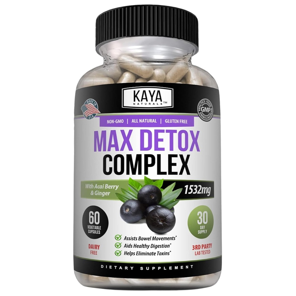 Kaya Naturals Max Detox Herbal Supplement - Naturliga ingredienser 1532 mg - Psylliumpulver, Acai Berry Extract, Ginger Root 60 Count