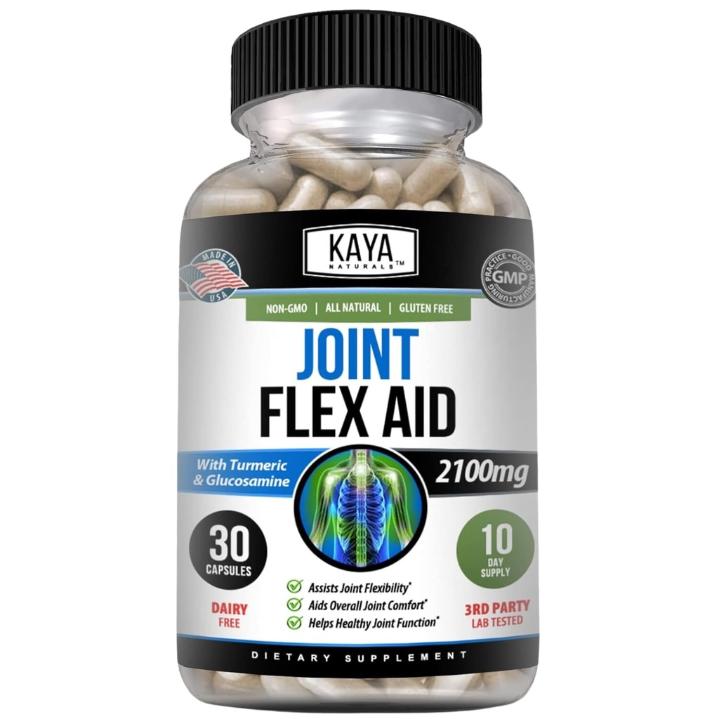 Kaya Naturals Mobility Flex Aid - Mobilitetsstöd tillskott för män och kvinnor - gurkmeja kapslar med glukosaminsulfat - för Knee Support and Mobility Health - 30 greve