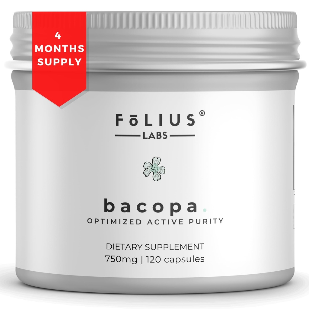 Bacopa Monnieri kapslar 750mg - Herbal Supplement med 40% Bacosides Bacopa Monnieri - Hjälper till att stödja minne och kognitiv förmåga - 120 kapslar