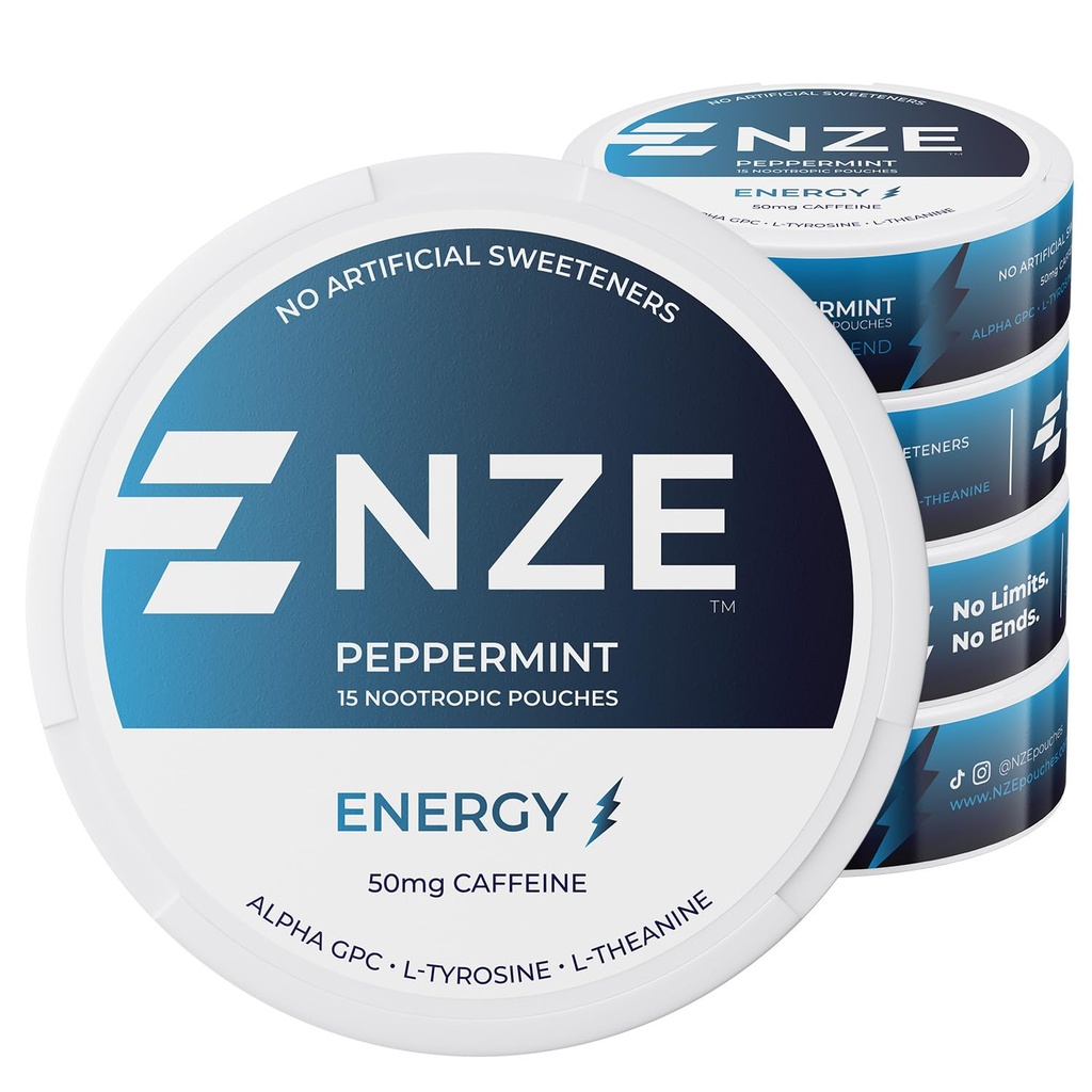 NZE Koffein Nootropic Pouches (Peppermint) - Energipåsar med 50mg Koffein, Alpha GPC, L-Tyrosine & L-Theanin utan socker eller konstgjorda sötningsmedel - 15 Nikotinfria påsar per Can - 5 Pack
