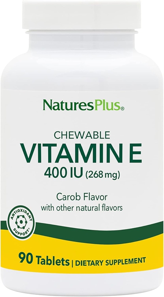 NaturesPlus Vitamin E Chewable - 400 iu, 90 vegetariska tabletter - Natural Carob Flavor - Hälsosam kardiovaskulär funktion, fri-radikalt försvar och totalt välbefinnande - Glutenfri - 90 portioner