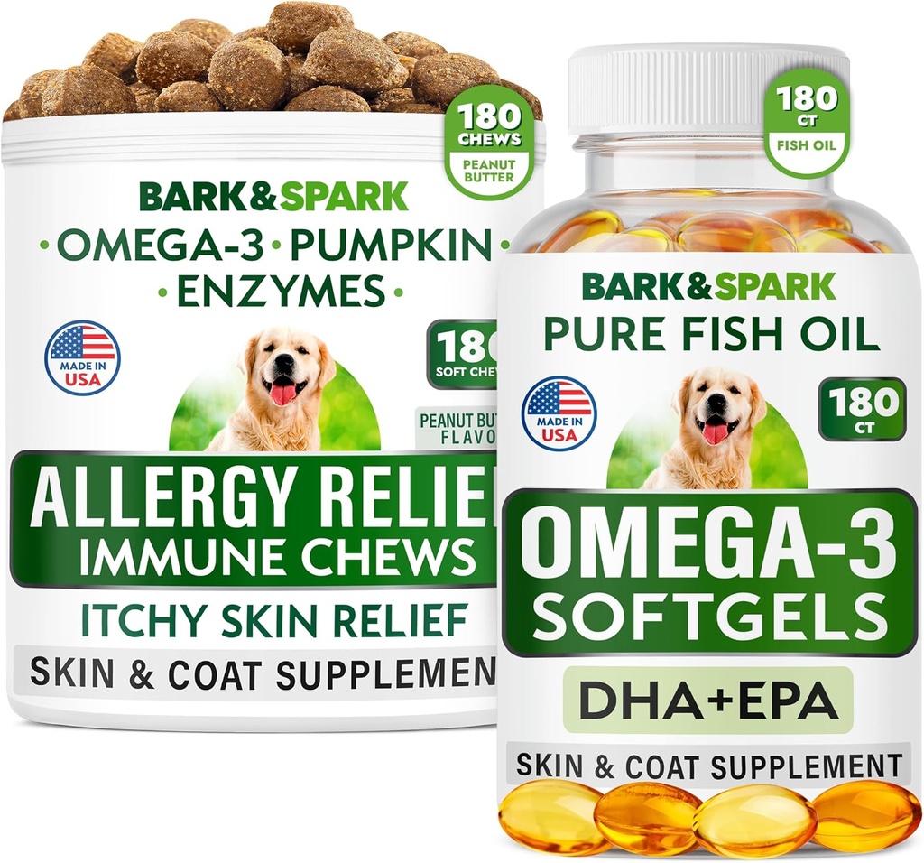 Allergy Relief + Omega 3 Bundle - Anti-Itch Skin & Coat Supplement + Skin Allergy - Omega 3 Fish Oil + EPA & DHA Fatty Acids - Itching & Paw Licking + Joint Health - 180 Chews + 180 Softgels - Tillverkad i USA