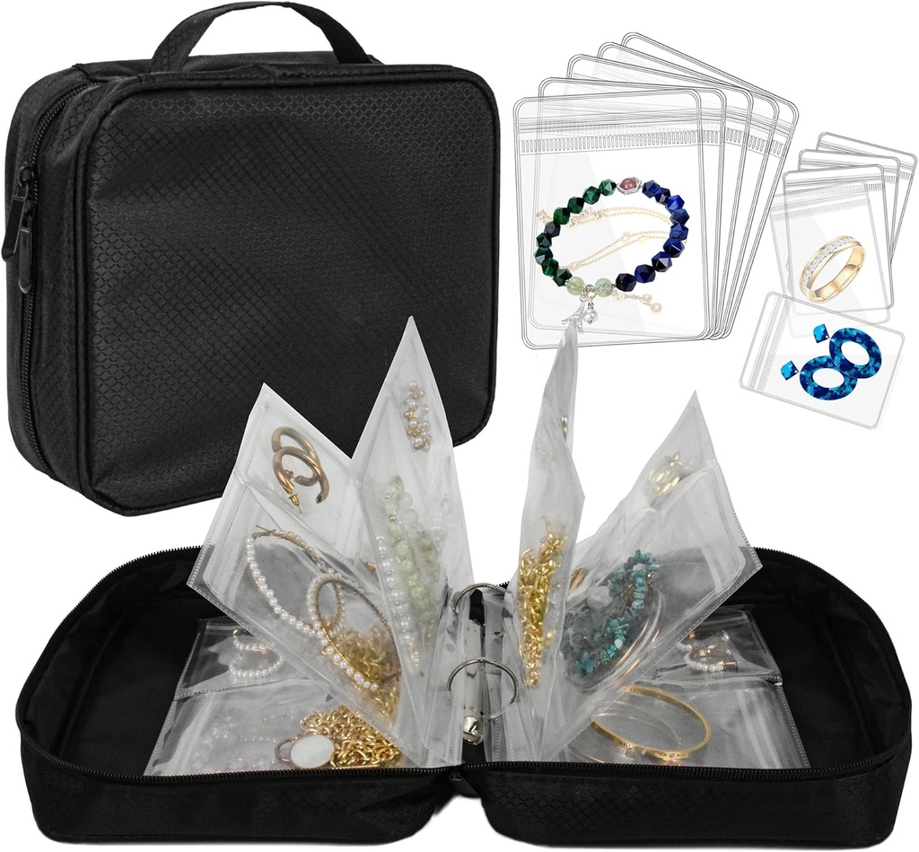 Travel Jewelry Organizer Case Transparent Jewelry Storage Book Binder Bag för örhängen, Rings, halsband, armband (All-Black)