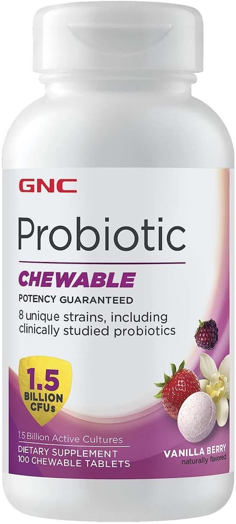 GNC Probiotic Chewable med 1,5 miljarder CFUs - Vanilla Berry, 100 tabletter, dagligt probiotiskt stöd