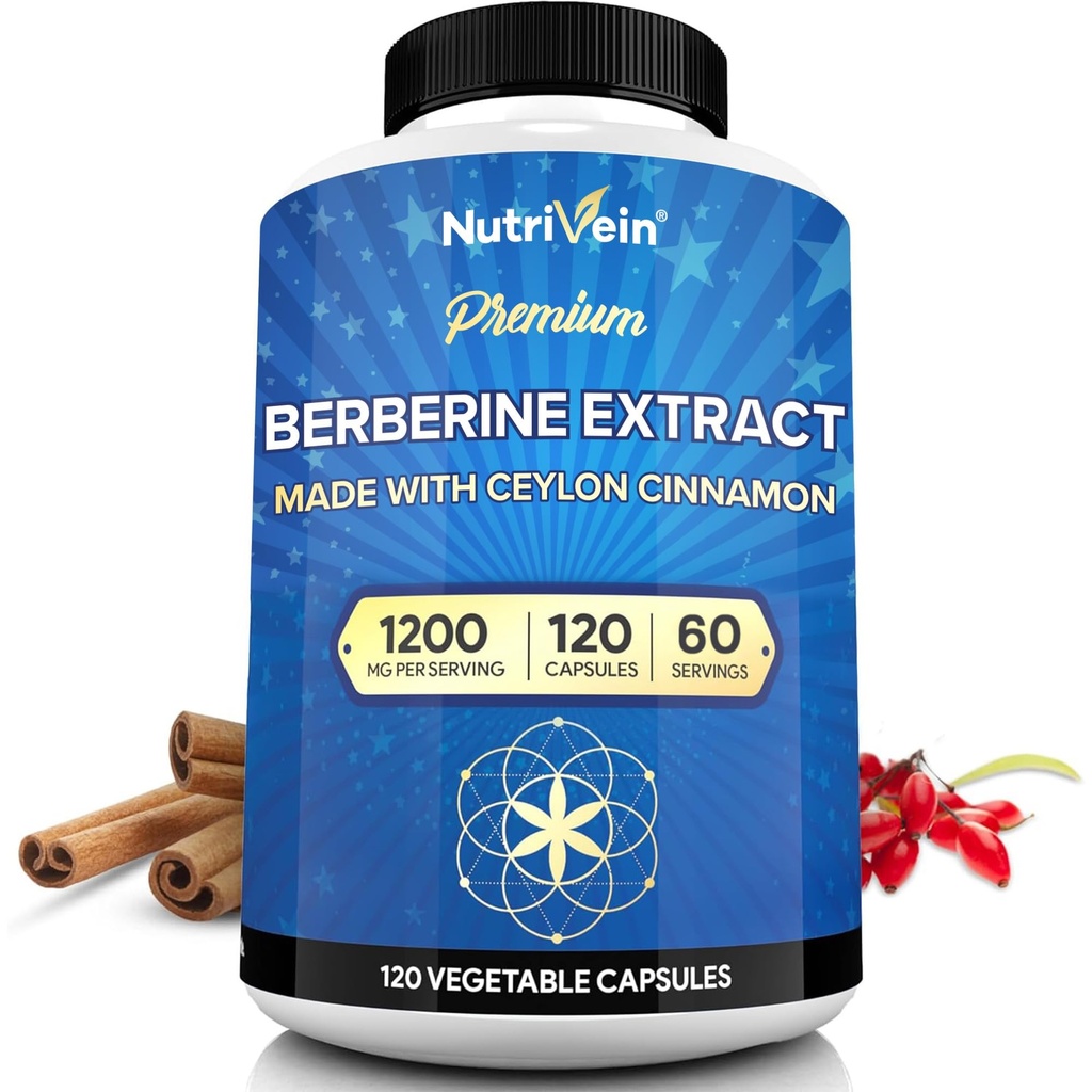 Nutrivein Premium Berberine HCL 1200 mg med Ceylon Cinnamon - 120 kapslar: High-Absorption Berberine Supplement för försvar, utmattning och metabolism
