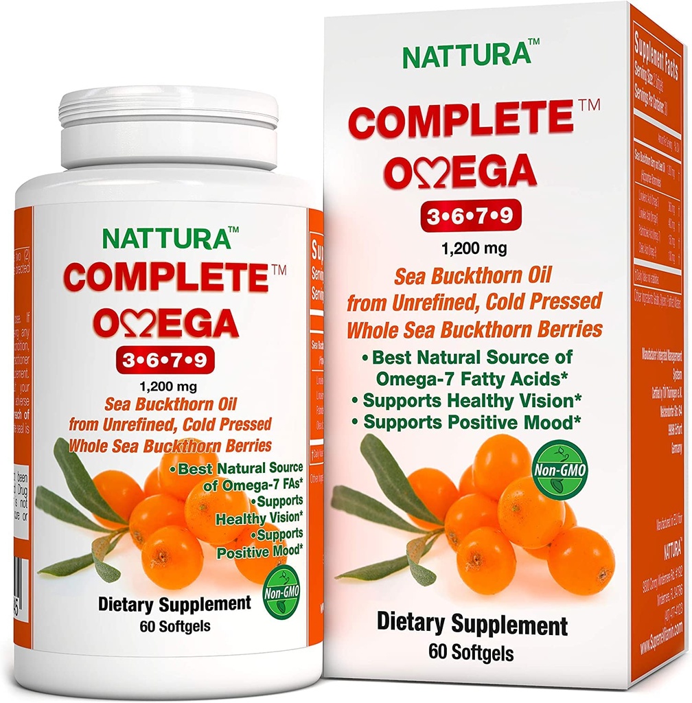 Nattura Complete Omega 3-6-7-9, Pure Sea Buckthorn Oil, European Quality, från Unrefined, Cold Pressed Whole Sea Buckthorn Wild Berries - Non-GMO, Certified Kosher, Gluten-Free 1 Bottle - 60 kapslar