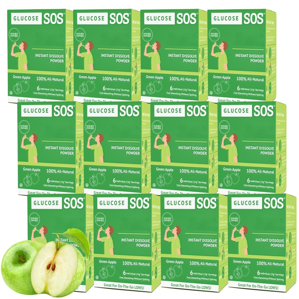 Glukos SOS Glukospulverpaket med naturlig dextros, snabbabsorption Det löses omedelbart i munnen utan vatten behövs, gröna Apple 72 portioner