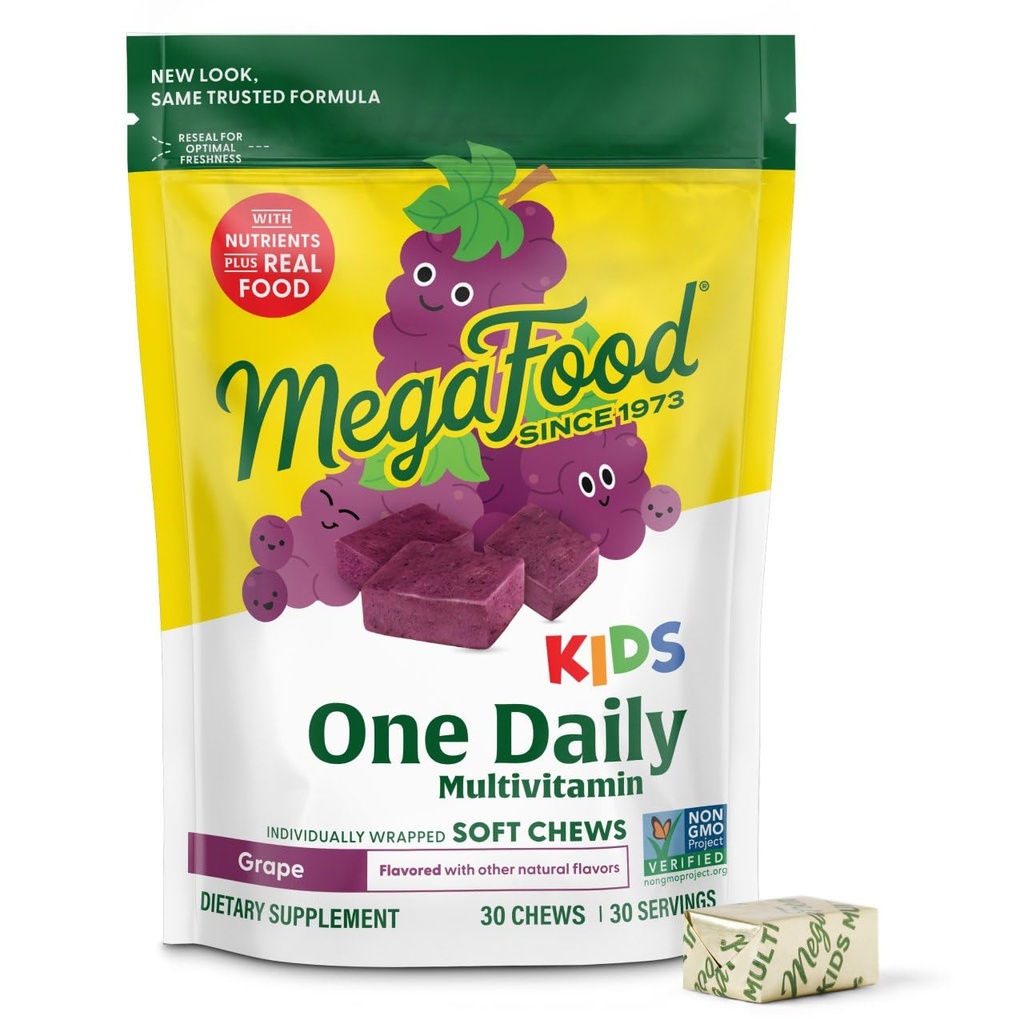 MegaFood Kids One Daily Multivitamin Soft Chews - Barn Vitaminer med vitamin B, Vitamin C, Vitamin D & Vitamin E - Ålder 4 +, Vegetarian, Gjord utan 9 livsmedelsallergener - Grape smak - 30 Chews
