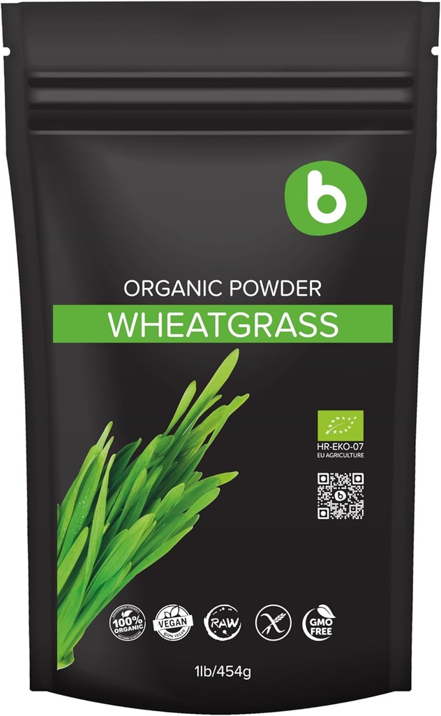 b Organic Wheatgrass Powder, för Detox & Immunity Support, Superfood, Vegan, Rich i fibrer, klorofyll, mineraler, glutenfri, rå, 1lb