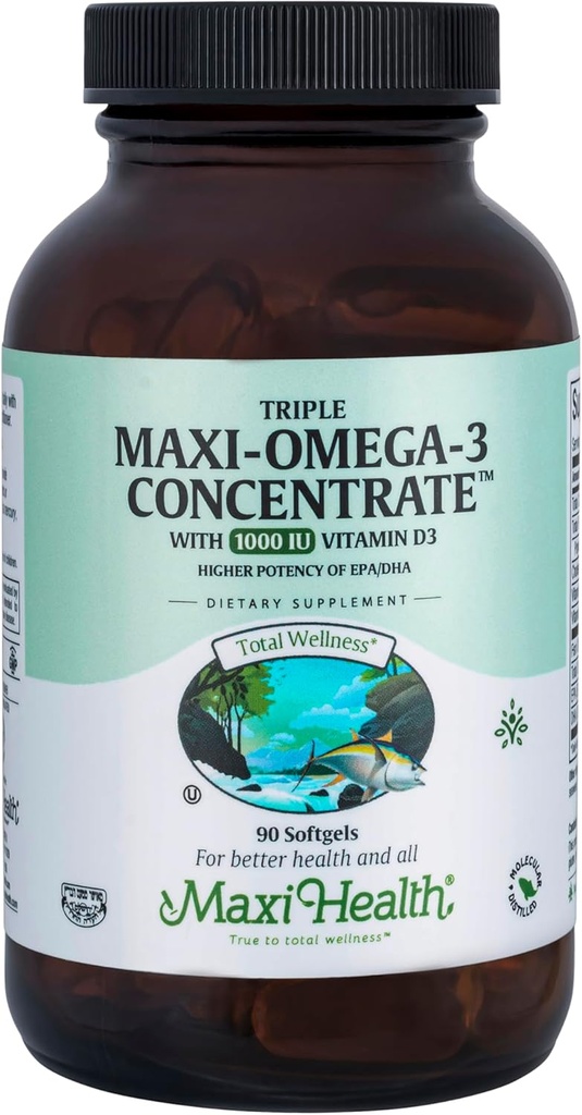 Maxi Health Triple Omega-3 Concentrate - Fiskolja - "1000 IE" Vitamin D3-90 kapslar - Kosher