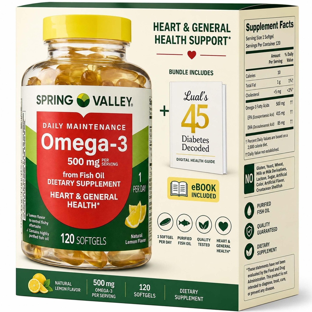 Spring Valley Omega-3 från Fish Oil 500 mg 120 greve, SoftGels, General & Heart Health Dietary Supplement Bundle med Lualls 45 Diabetes Avkodade