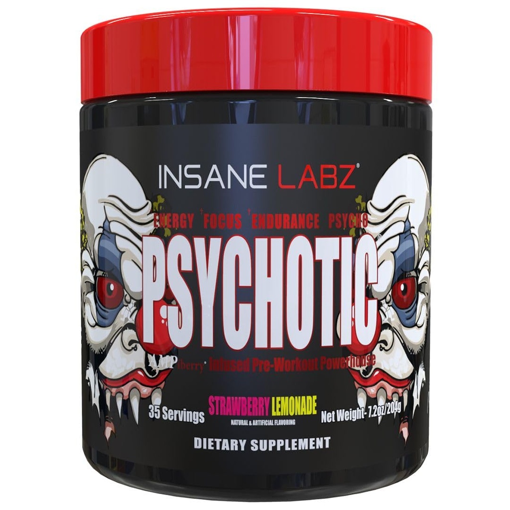 Insane Labz Psychotic, High Stimulant Pre Workout Powder, Extreme varaktig energi, fokus och uthållighet med Beta Alanine, Kreatin Monohydrat, DMAE, 35 Srvgs (Strawberry Lemonade)