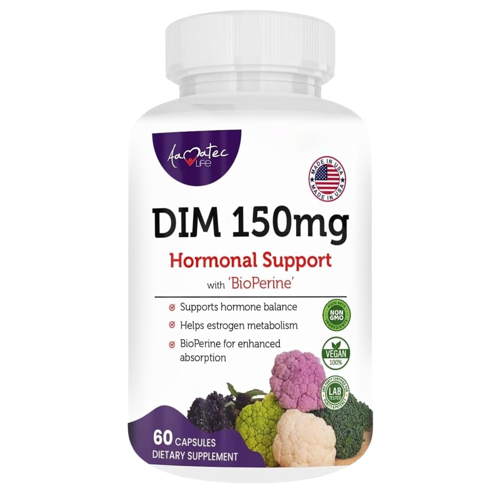 Kvinnors DIM-komplex 150mg - Bioperinöstrogenbalanseringspiller för klimakteriet och heta blinkar Hjälp Hormonal Acne Kraftfullt komplement - 60 kapslar - Tillverkad i USA