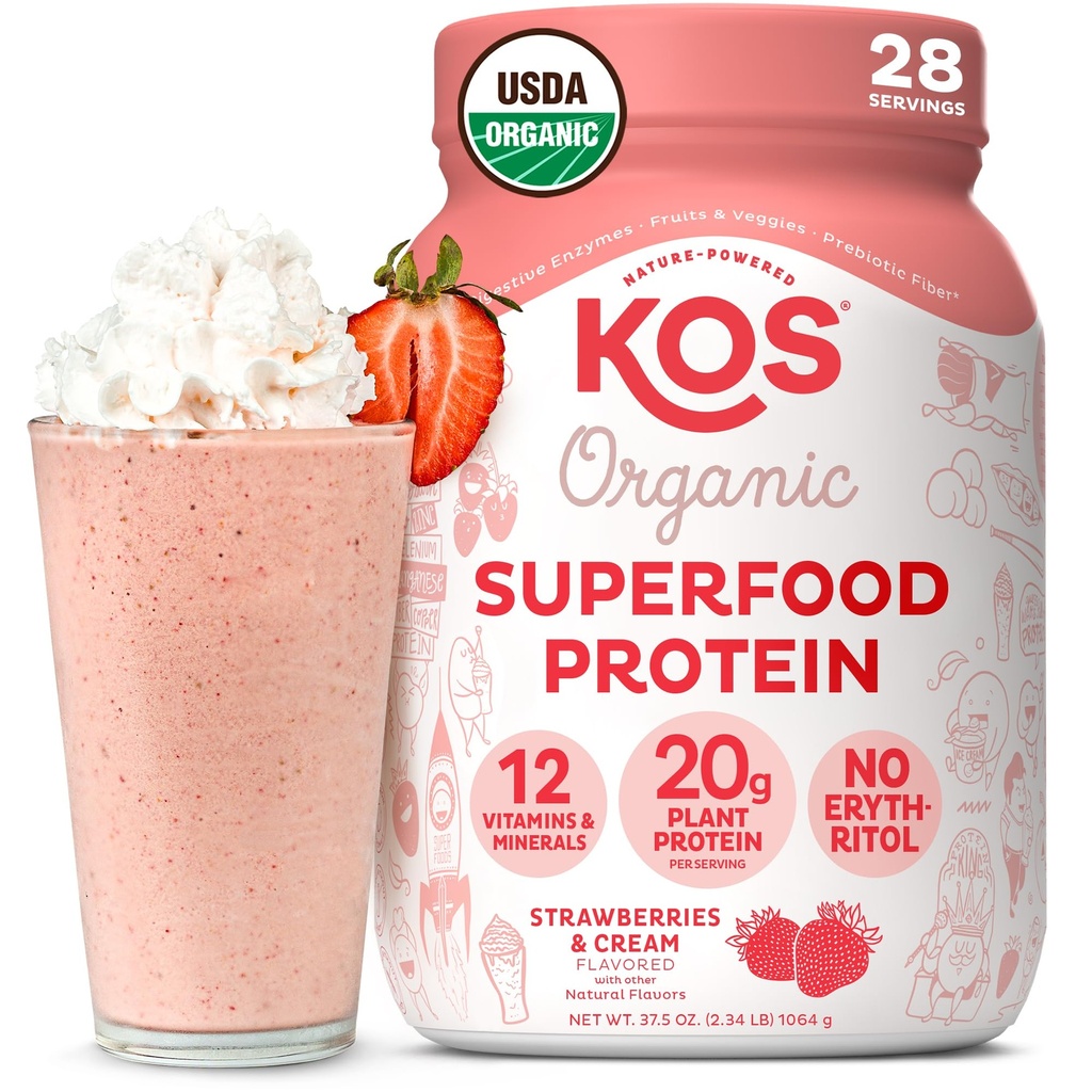 KOS Vegan Protein Powder, jordgubbar & Cream USDA Organic - Low Carb Pea Protein Blend, Plant Based Superfood med vitaminer och mineraler, Gluten Free - Meal Replacement för kvinnor och män - 28 portioner