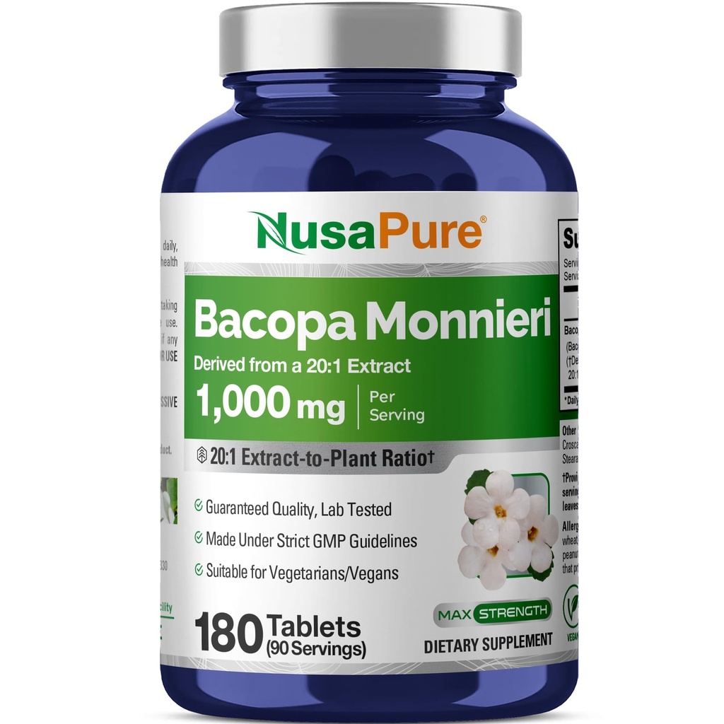 NusaPure Bacopa Leaf Monnieri Extract 20,000 mg 180 tabletter (Extract 20:1, Non-GMO, Gluten Free)