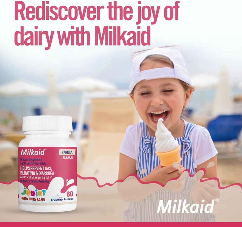 Milkaid Junior Flavor Pack | Hjälper till att förhindra gas, uppblåsthet, diarré hos barn | Snabbverkande Dairy Digestive Supplement för barn | 180 tabletter