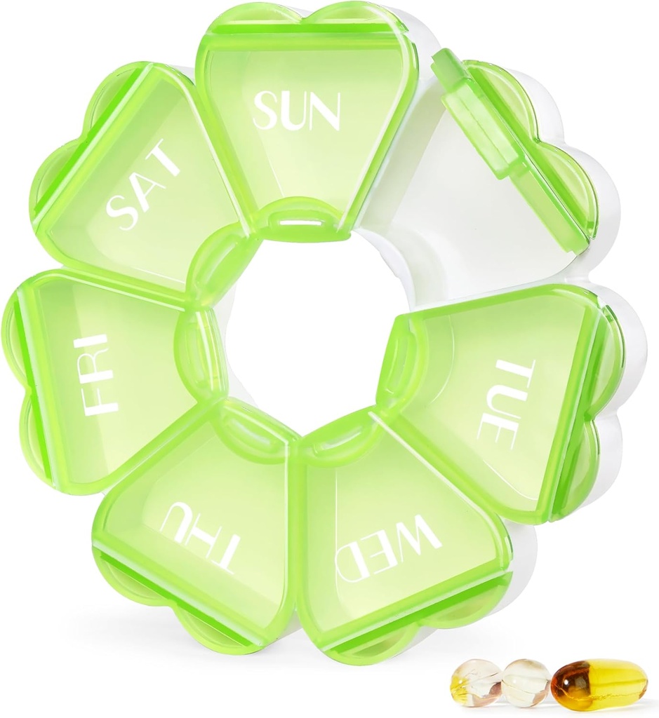 MOLN HYMY Large Weekly Pill Box 7 Day, Cute Pill Case Organizer 1 gång om dagen, Floral Pill Container En gång dagligen, Ganska Medicin Dispenser för vitamin / fiskolja / Läkemedel / Tillskott (Grön)