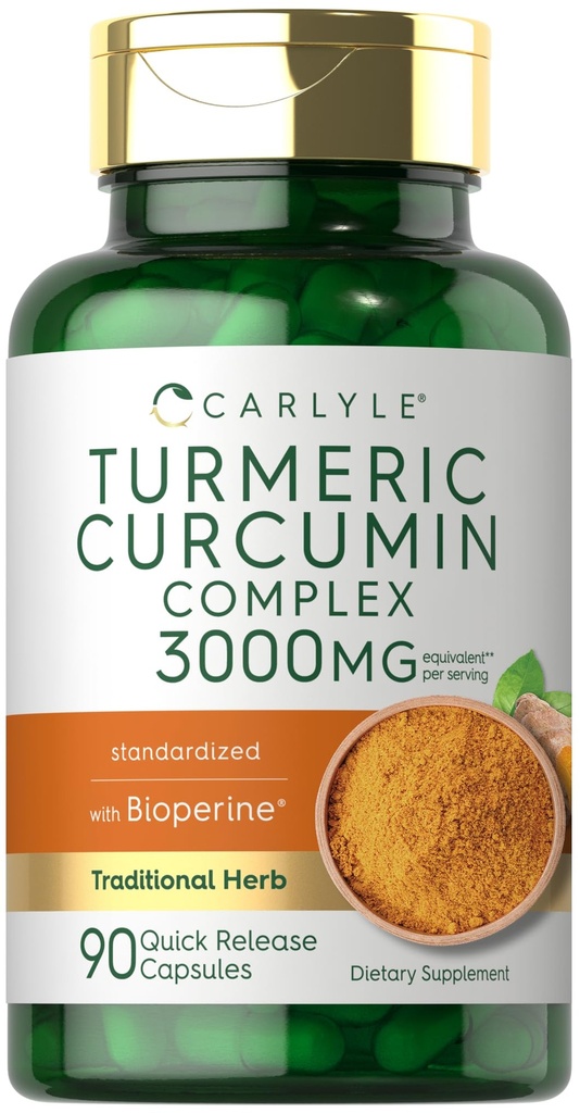Carlyle Turmeric Curcumin med Black Pepper 3000mg | 90 Powder Capsules | Komplex Supplement med Bioperine | Non-GMO, Gluten Free