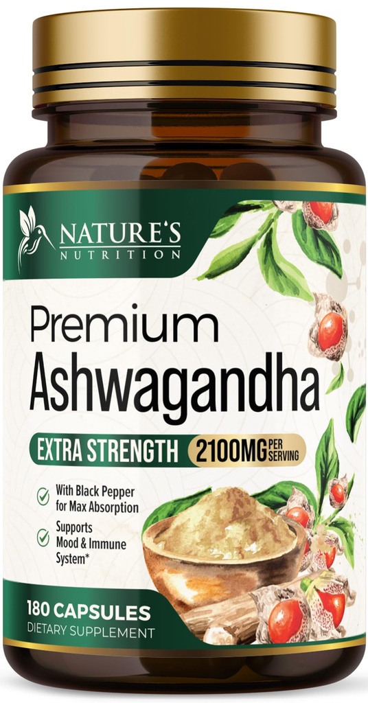 Ashwagandha Supplements - 2100mg Ashwagandha Capsule för kvinnor och män, naturligt antioxidantstöd, Ashwa Root Extract, Extra Strength Calm Support med Black Pepper, Vegan & Gluten Free - 180 kapslar