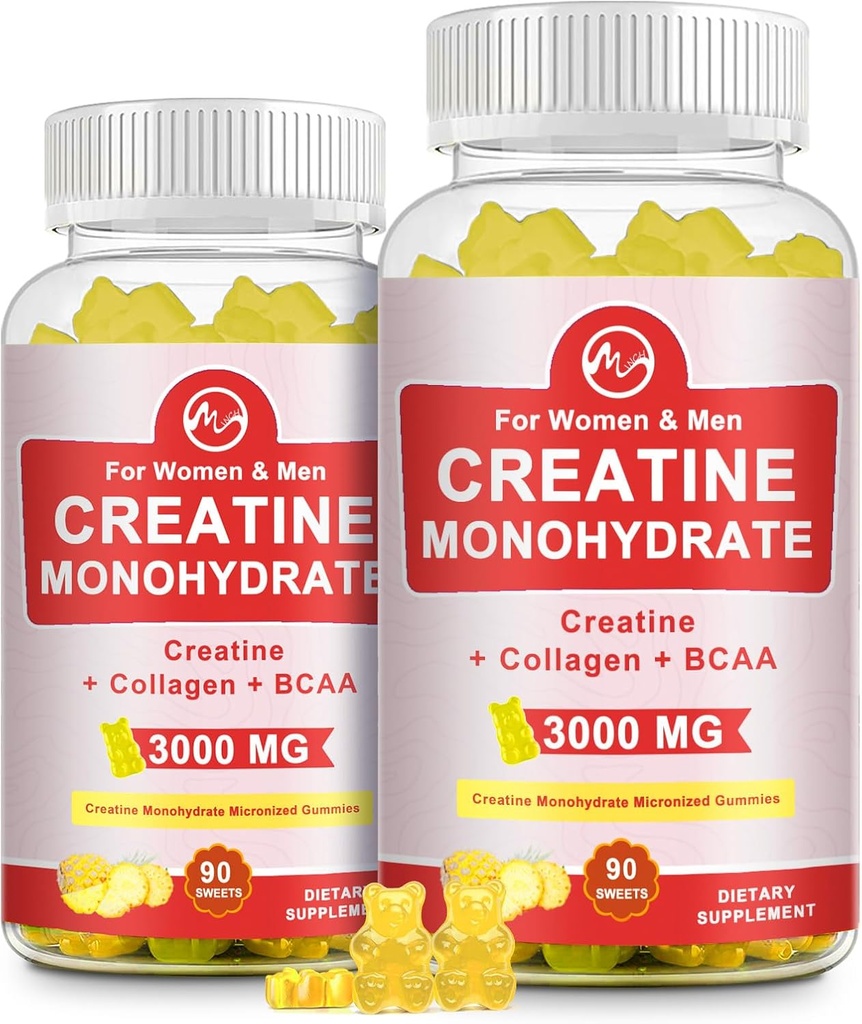 Kreatin Gummy, 3g av kreatinmonohydrat per portion, sockerfri kreatinmonohydrat Gummy för muskeltillväxt och styrka med 0,5g Collagen, 0,2g BCAA, 60 portioner, ananas smak, 2 Pack