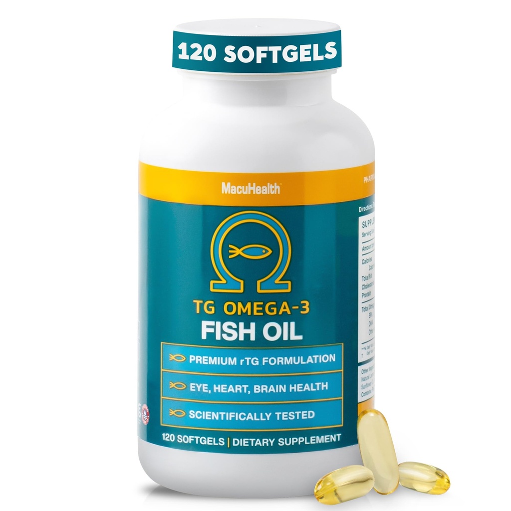Macuhealth Omega 3 Fish Oil - 1100mg DHA, 1100mg EPA, Eye & Brain Health Supplement, Triglyceride Formula, 120 Softgels
