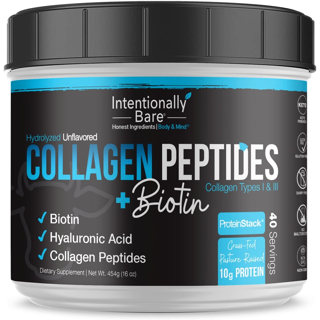 Intentionellt Bare Collagen Powder Unflavored - Collagen Peptides Powder med Biotin & Hyaluronic Acid - Non-GMO & Grass Fed Collagen Protein Pulver med 10g Protein - Keto Collagen Powder 40 portioner