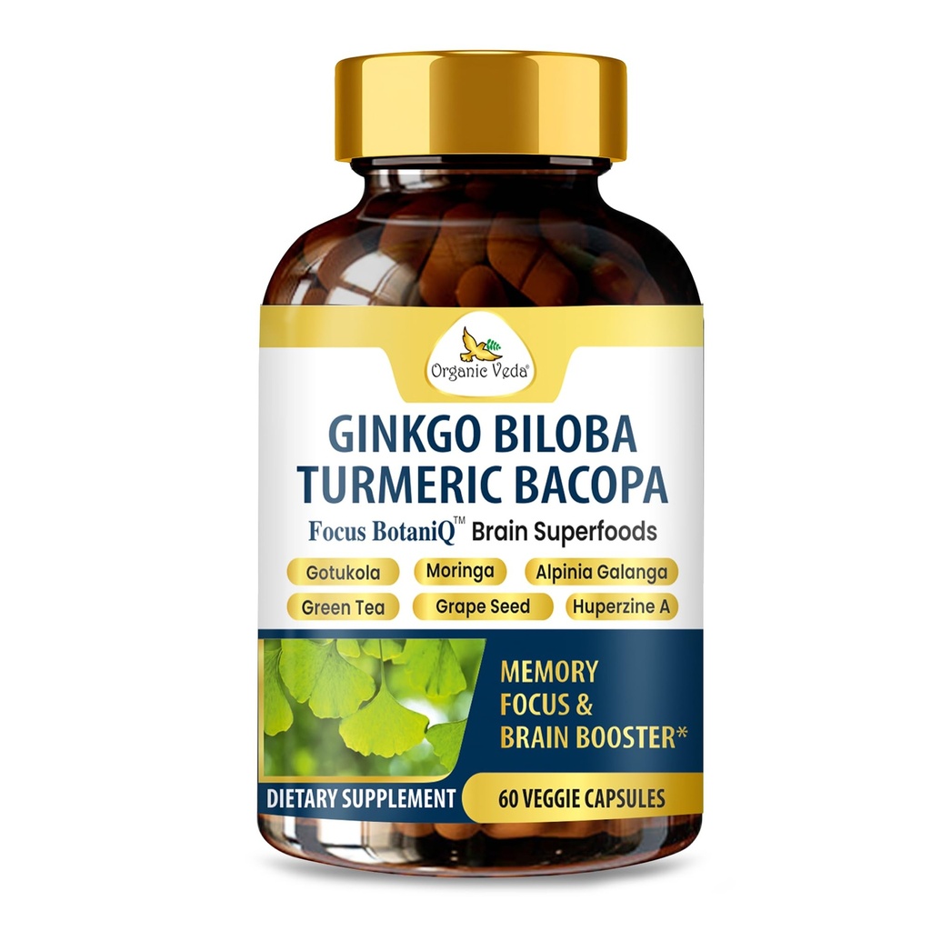 Organic Veda Ginkgo Biloba Turmeric Bacopa Brain Supplement för minne, humör och fokus med Ashwagandha - Koncentration, energi och hjärnbooster, hälsosamma gemensamma och cirkulationssupport - 60 Vegan Capsule