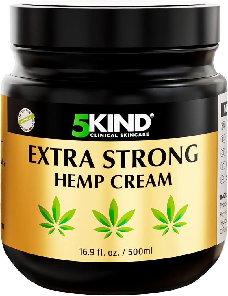 5kind Extra Strong Hemp Cream 16.9 fl oz- Maximal Styrka - Naturlig lugnande lättnad - Muscle Rub för lägre rygg, gemensamma, hals, knän och axlar - Maximal Strength Hamp Cream