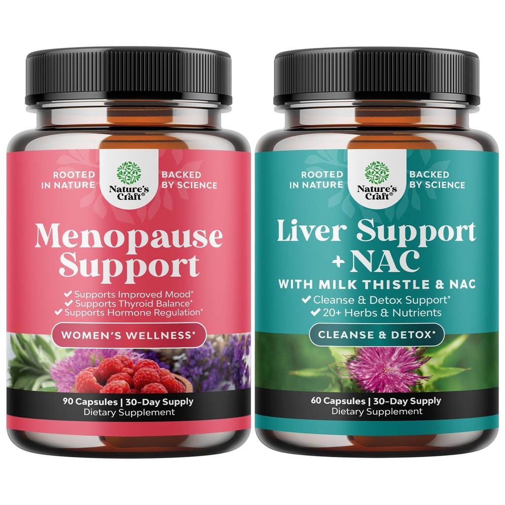 Bundle of Menopause Supplement för kvinnor med Dong Quai, Vitex Chaste Berry & Black Cohosh och Liver Support NAC Supplement med mjölk Thistle, Artichoke, Choline & Beetroot för Detox & Repair