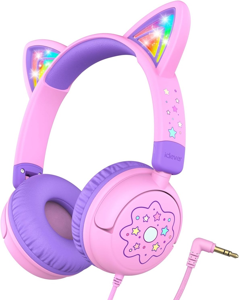 iClever Kids Headphones Cat Ear, LED Light Up, 85dBA Safe Volume, Stereo Sound Toddler Headphones för Travel School, Foldable 3.5mm Wired Kids Headphone för iPad Tablets, Meow Lollipop - Rosa