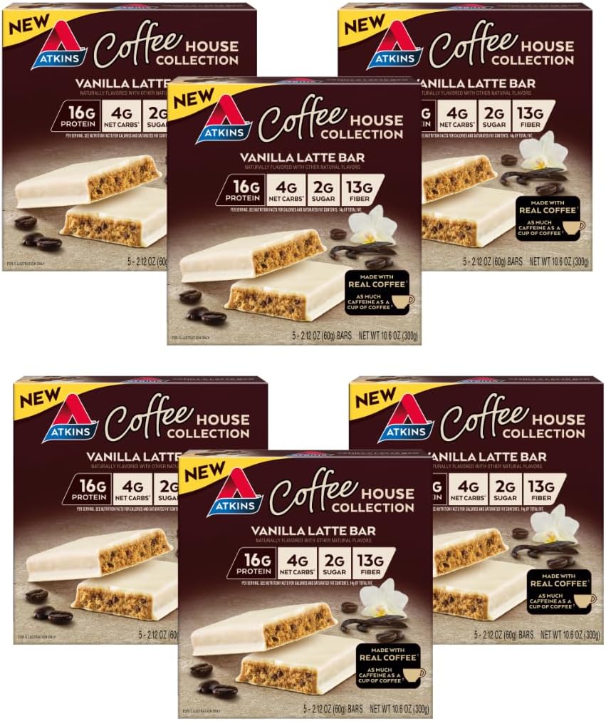 Atkins Coffee House Meal Bar, Vanilla Latte, 16g Protein, 4g Net Carbs, 2g Sugar, 13g Fiber, Made with Real Coffee, 5 Count (Pack of 6)