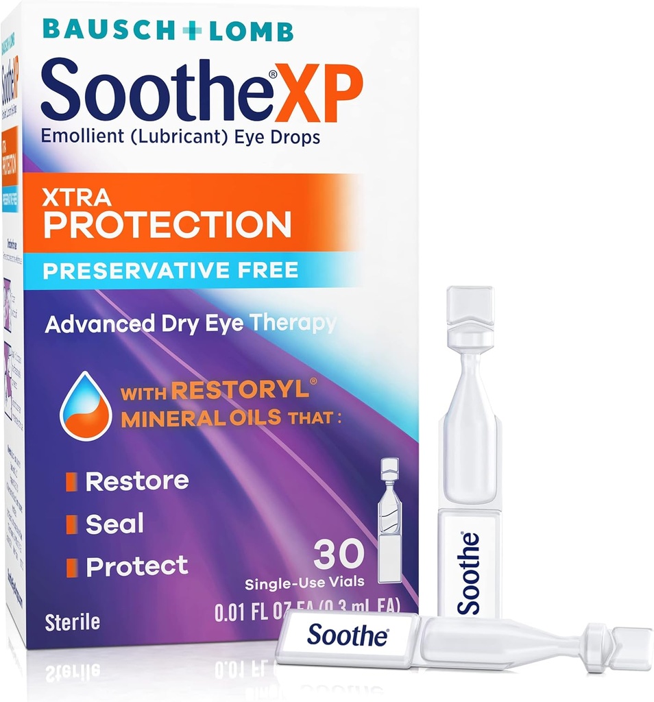 Soothe XP Preservative Free Eye Drops, Xtra Protection Lubricating Eye Drops för torra ögon, lindrar irritation och skyddar mot tårförlust, Avancerad torr ögonterapi, enda användningsvin, 30 greve