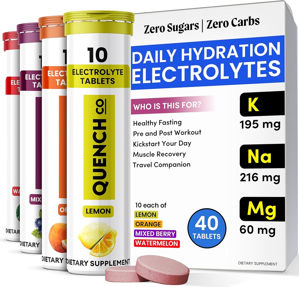 Quench Electrolyte Tablets 40 greve Instant Hydration, Electrolytes, Fasting Electrolytes No Sugar for Optimal Hydration Support Not Powder - Vattenmelon, Orange, Mixed Berry, Lemon Flavors