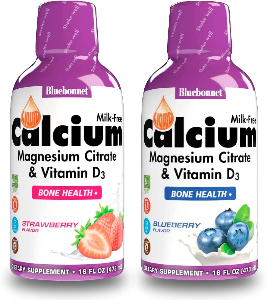Bluebonnet Nutrition Liquid Calcium Citrate Magnesium Citrate, Vitamin D3-Bundle of Blueberry Flavor och Strawberry Flavor, 2 flaska 16 Fl Oz Varje (32 Fl Oz Total)