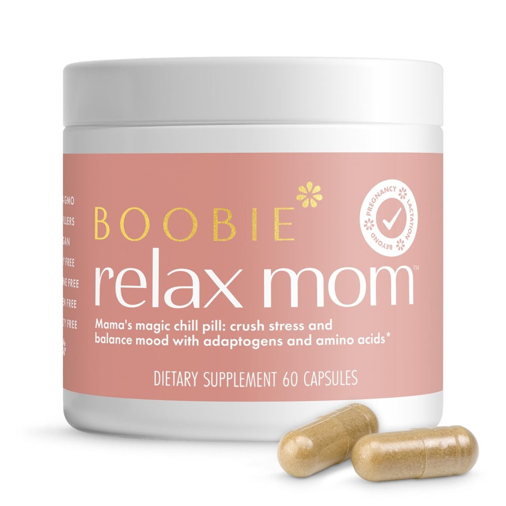 Boobie Relax Mom, Postpartum Stress Support Supplement | Laktation godkänd | Mood and Energy Support med Ashwagandha & L-Theanine, 60 kapslar